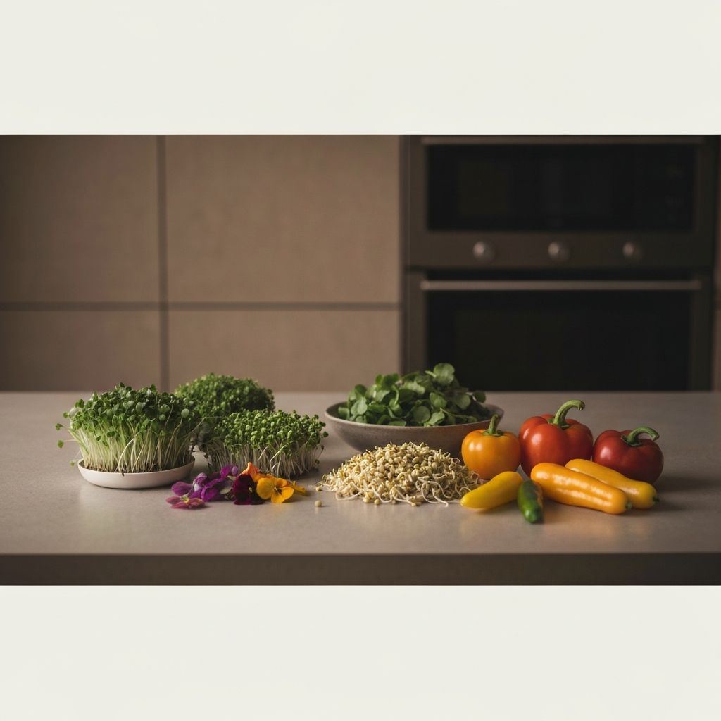 Modern kitchen counter with fresh microgreens, edible flowers and colourful heirloom vegetables